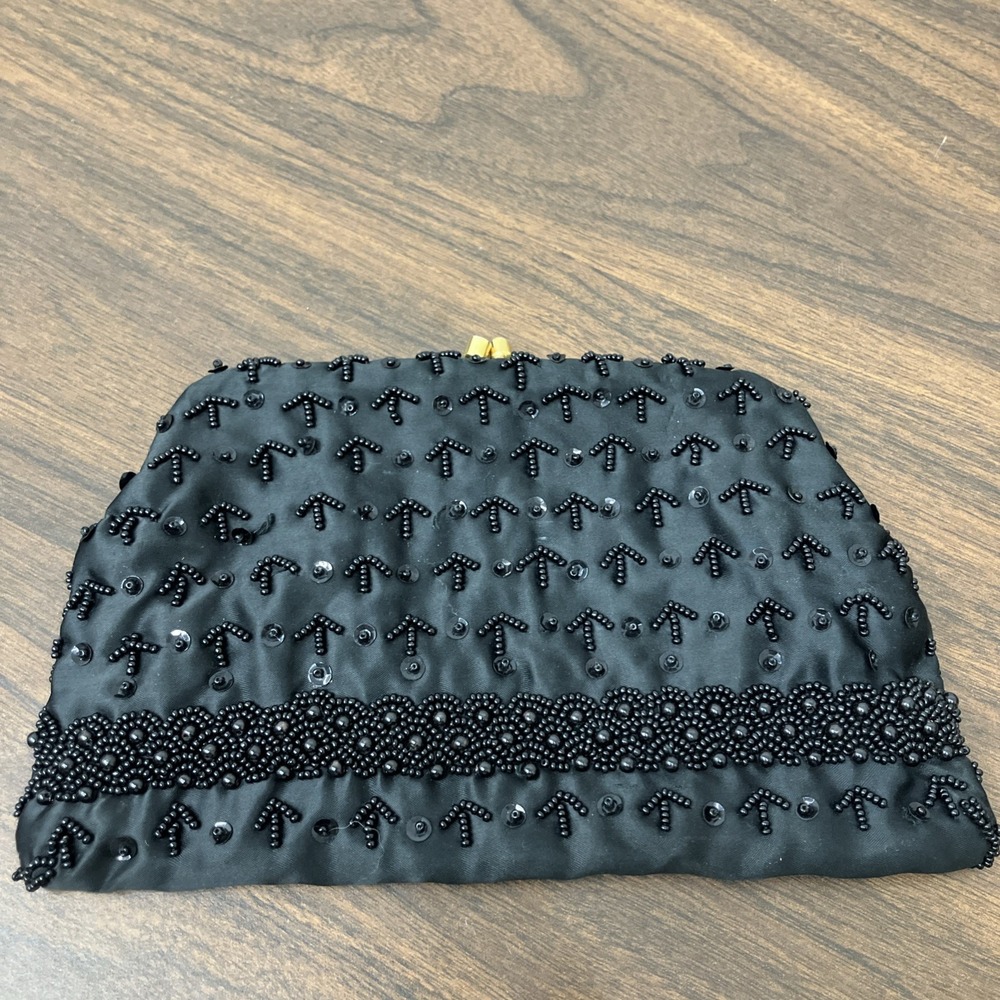 Clutch Purse, Black Satin Beaded - Picture 1 of 7